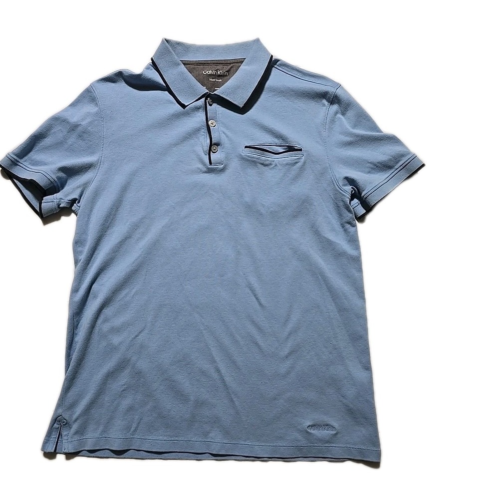 Calvin Klein Liquid Touch Medium Blue Cotton Polo Short Sleeve Shirt  Preppy‎